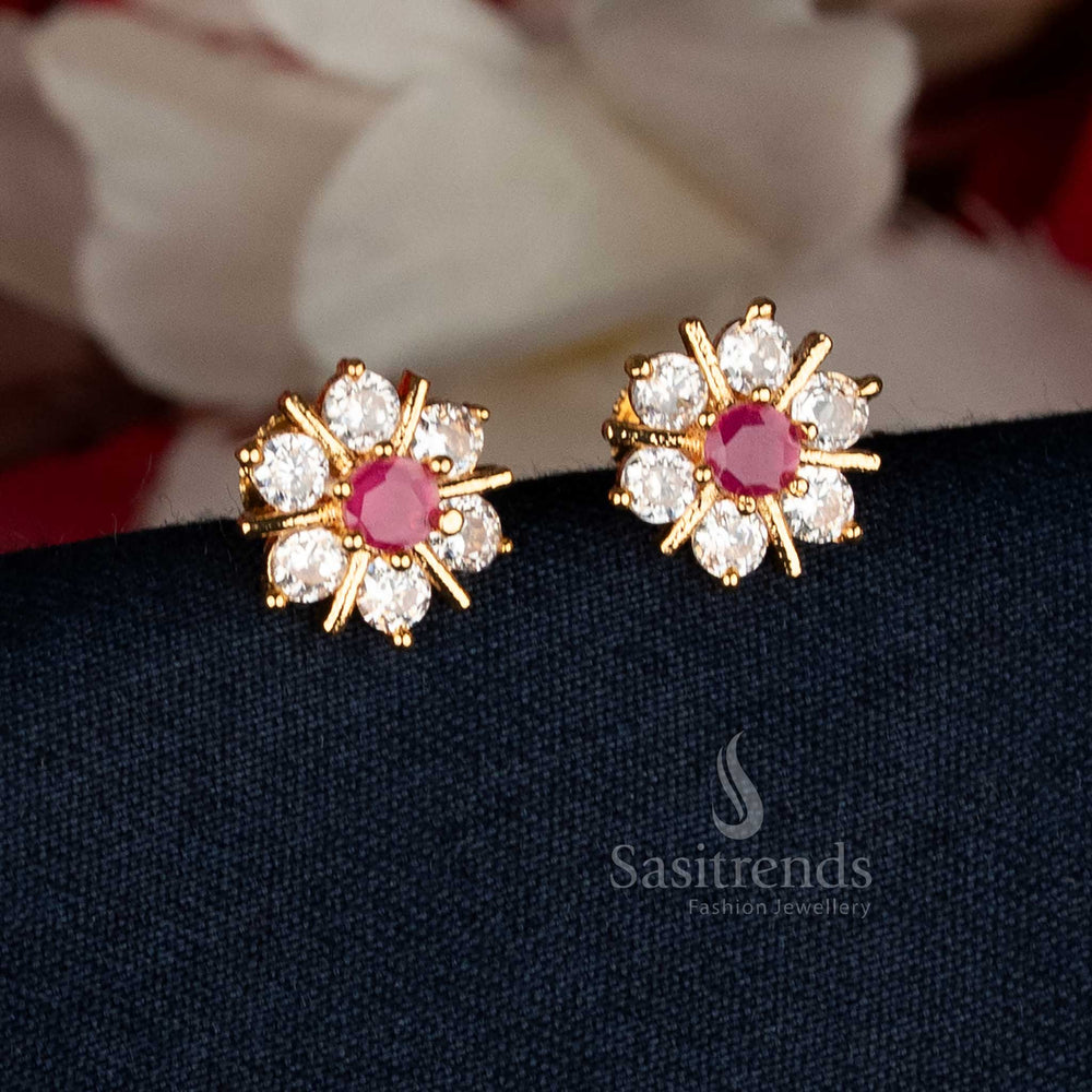 Exquisite Micro Gold Plated AD Flower Stud Earrings in white-ruby combination, ideal for festive wear, weddings, and ceremonial occasions — Sasitrends