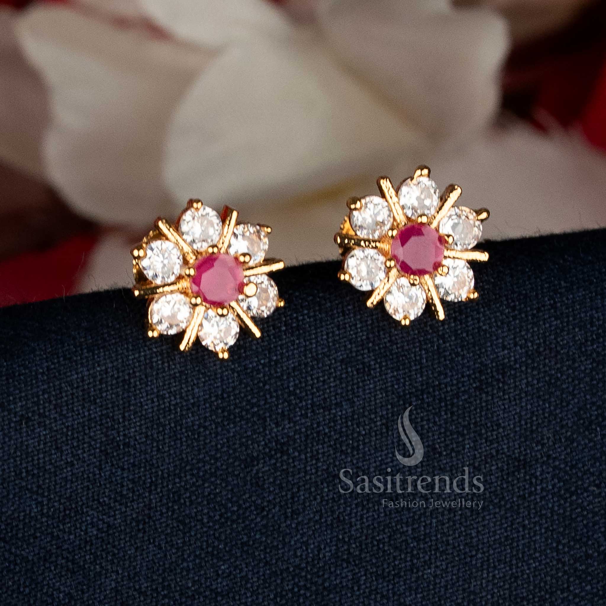 Exquisite Micro Gold Plated AD Flower Stud Earrings in white-ruby combination, ideal for festive wear, weddings, and ceremonial occasions — Sasitrends