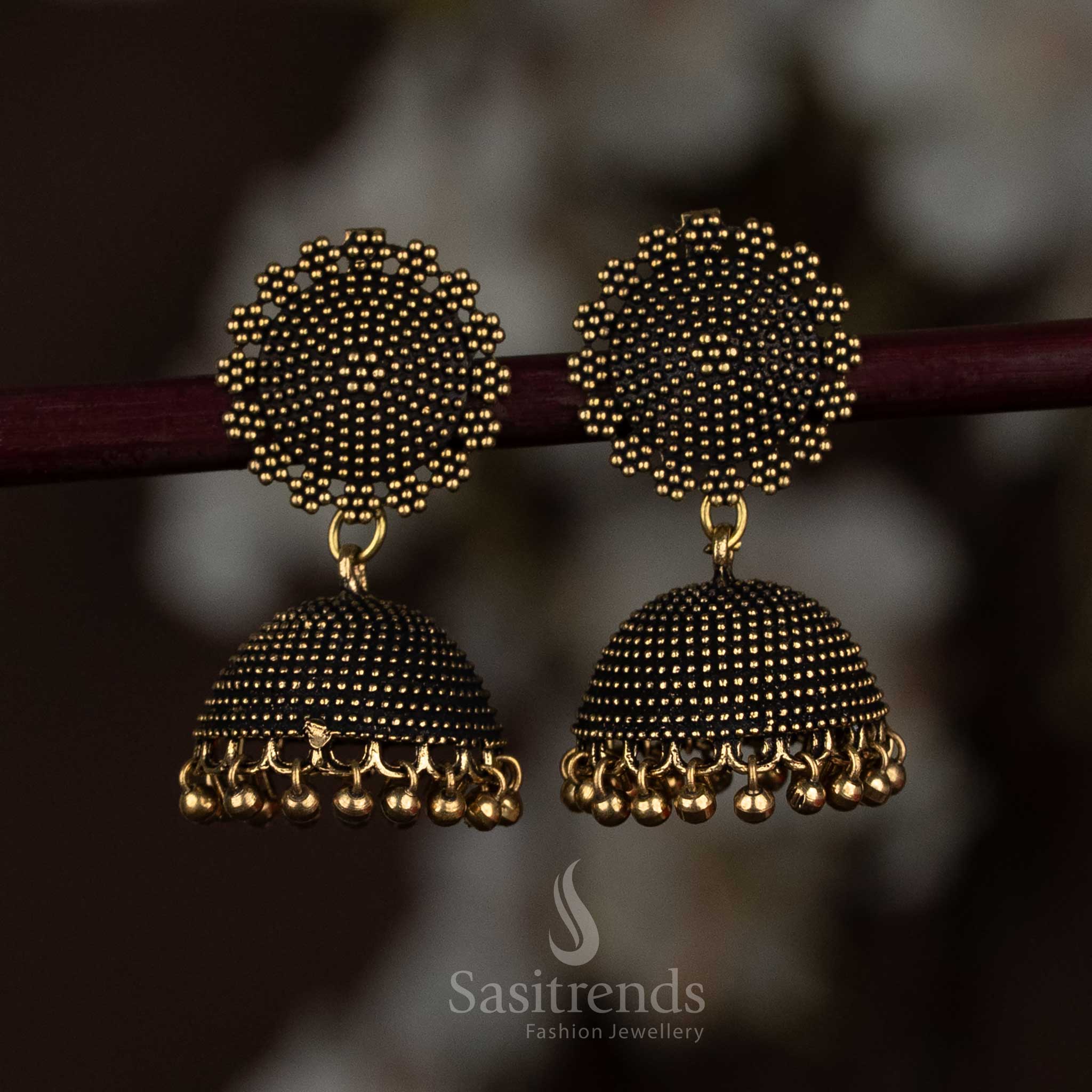 Radiant Antique Gold Finish Circular Beaded Jhumka Earrings With Elegant Sphere Dangles And A Lustrous Hoop Silhouette, Capturing Sophisticated Allure In Every Detail – Sasitrends
