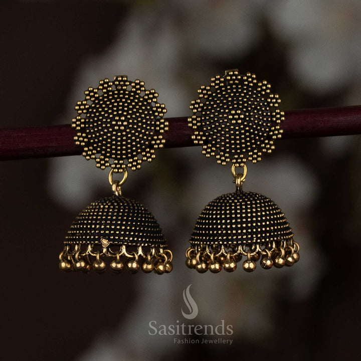 Radiant Antique Gold Finish Circular Beaded Jhumka Earrings With Elegant Sphere Dangles And A Lustrous Hoop Silhouette, Capturing Sophisticated Allure In Every Detail – Sasitrends
