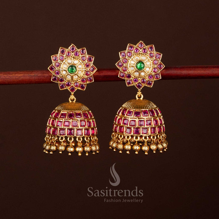 Elegant Lotus Glow Matte Gold Plated Temple Jhumka Earrings Adorned with Round and Square Stones