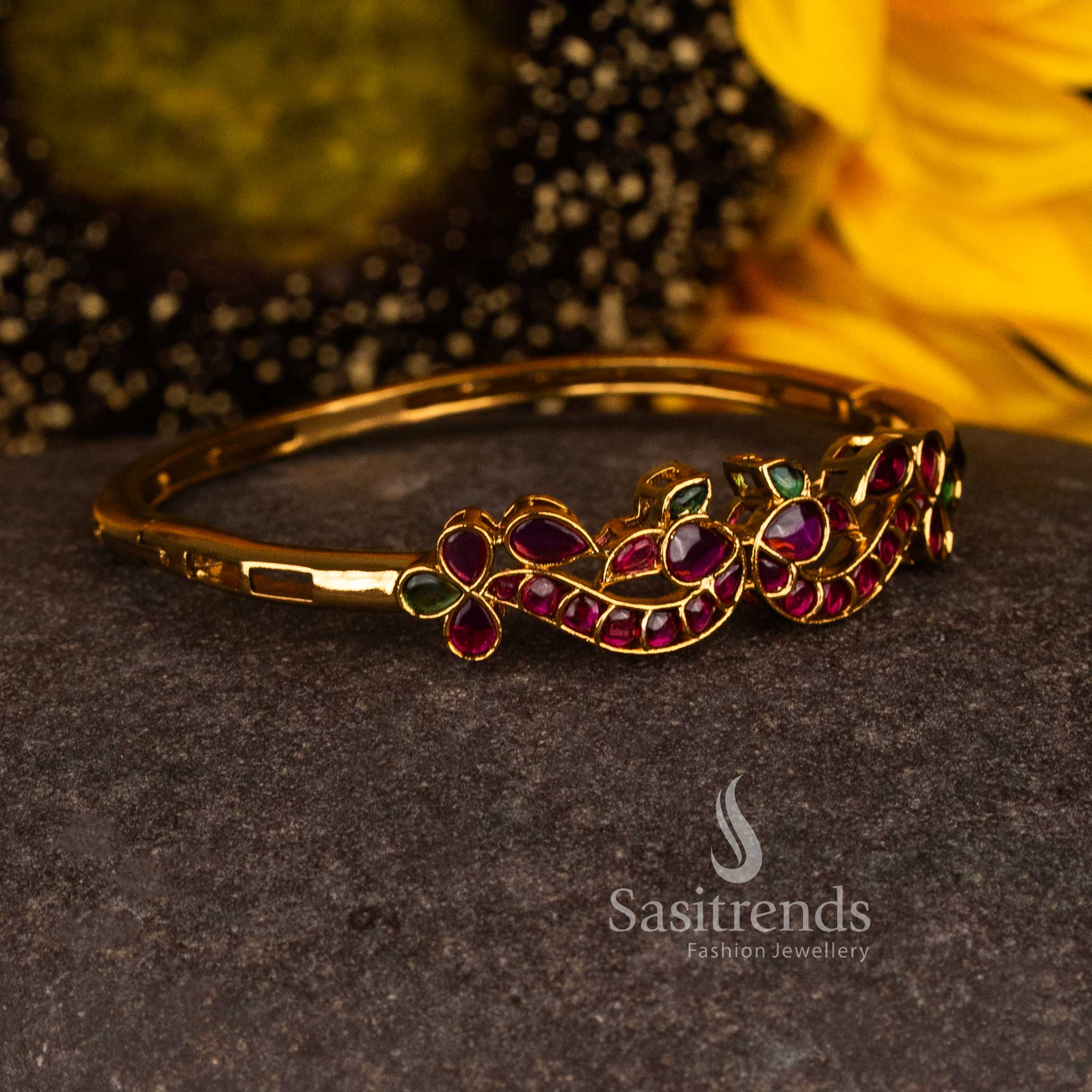 Regal matte gold plated openable dual peacock stone bracelet featuring ruby-green accents and exquisite temple craftsmanship - Sasitrends