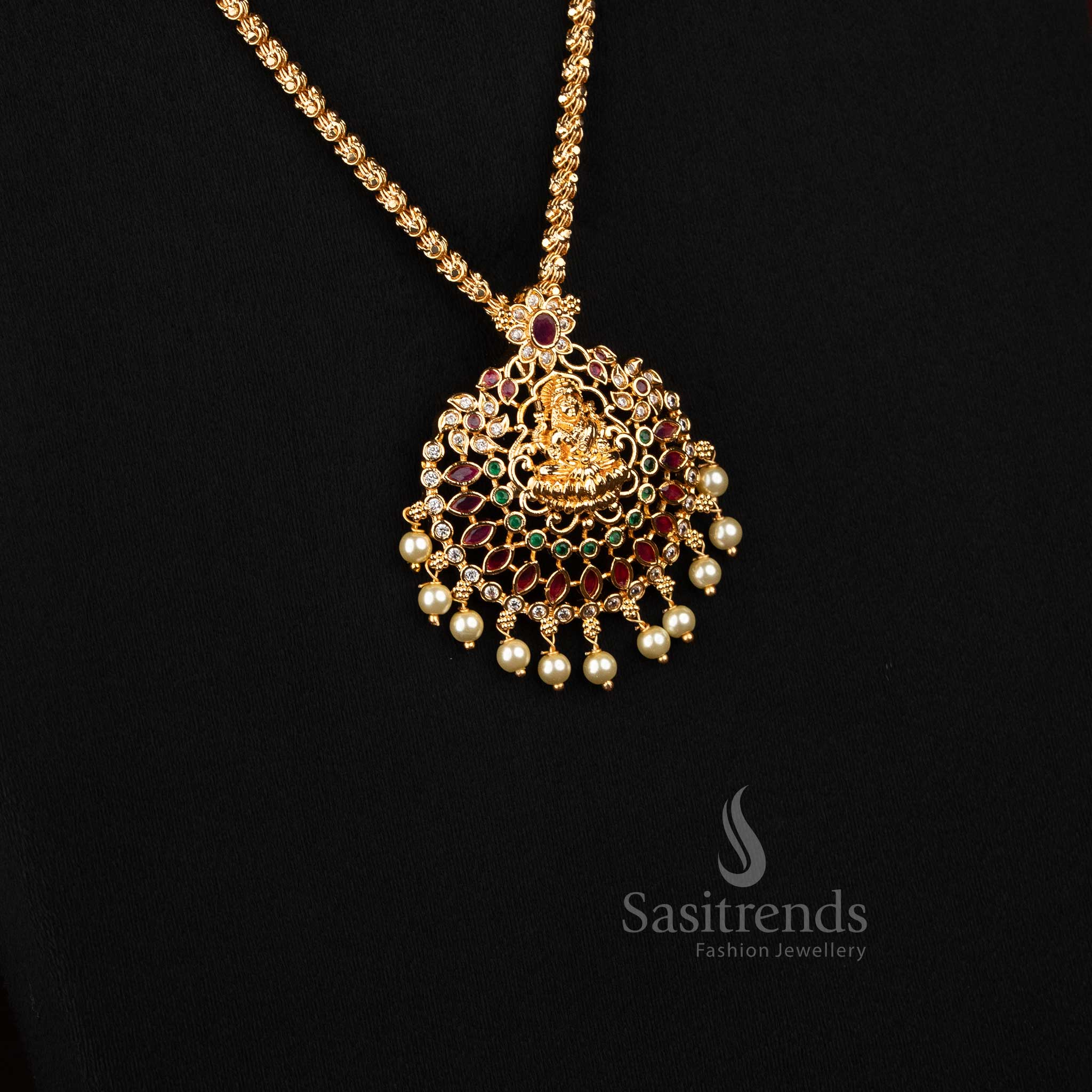 Divine Goddess Lakshmi AD Stone Medallion Micro Gold Dasavatharam Rope Chain with Pearl Drops - Sasitrends