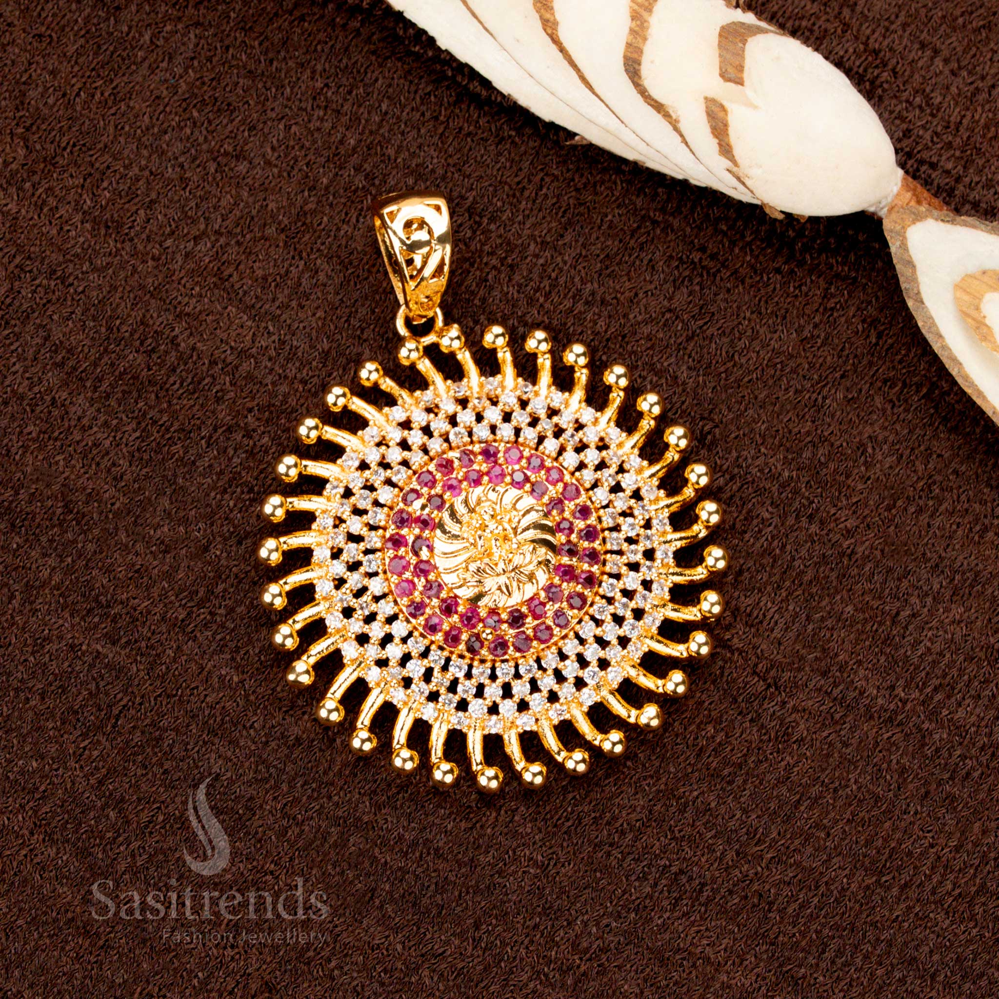 Radiant one-gram gold plated Lakshmi pendant, designed with gleaming white-ruby stones, perfect for an elegant festive jewellery look - Sasitrends