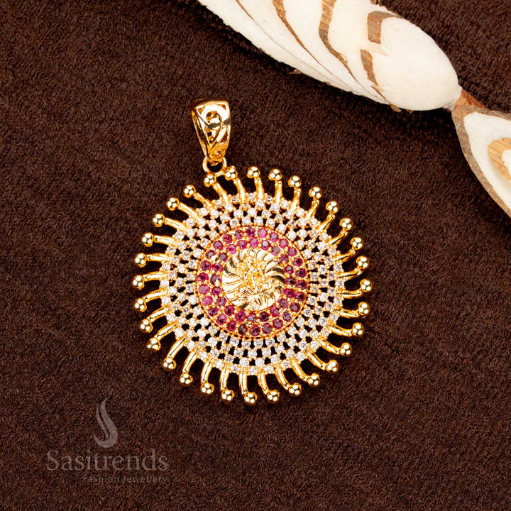 Radiant one-gram gold plated Lakshmi pendant, designed with gleaming white-ruby stones, perfect for an elegant festive jewellery look - Sasitrends