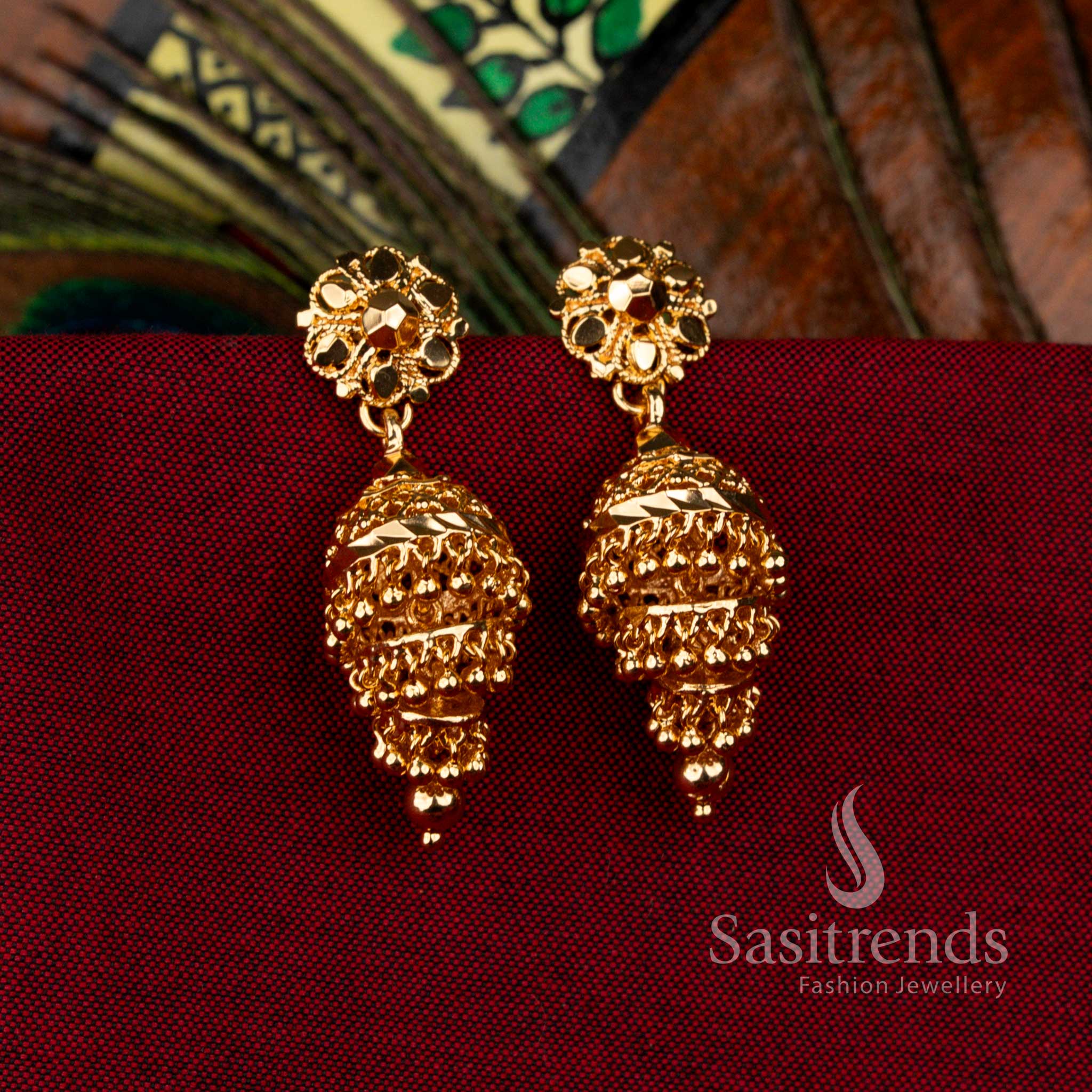 Majestic Micro Gold Plated Triple Step Jhumka Earrings, Exquisite Traditional Jewellery for Weddings – Sasitrends
