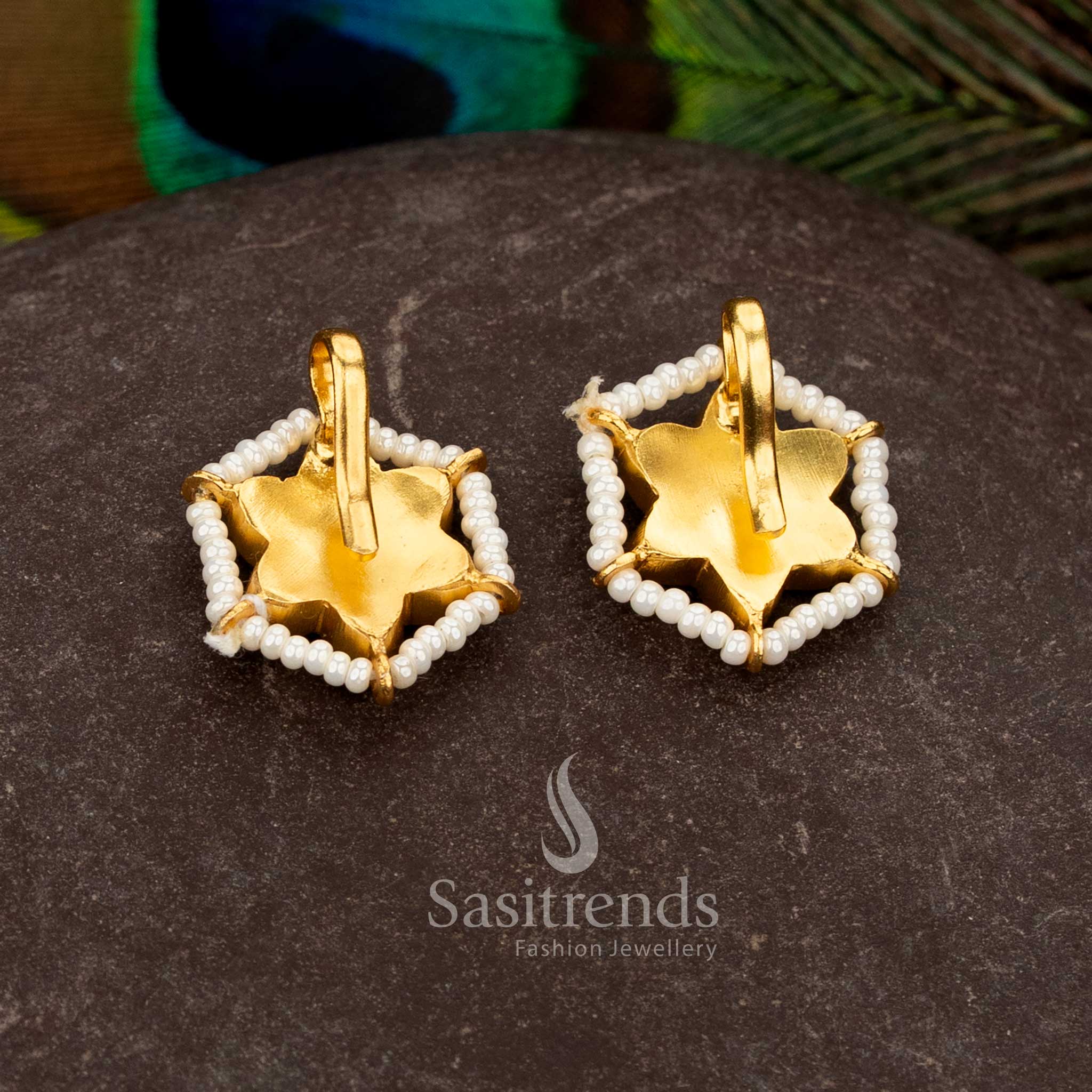 Royal pearl Jadau gold plated floral hexagonal pearl Kundan bugadi earrings for festive traditional wear - Sasitrends