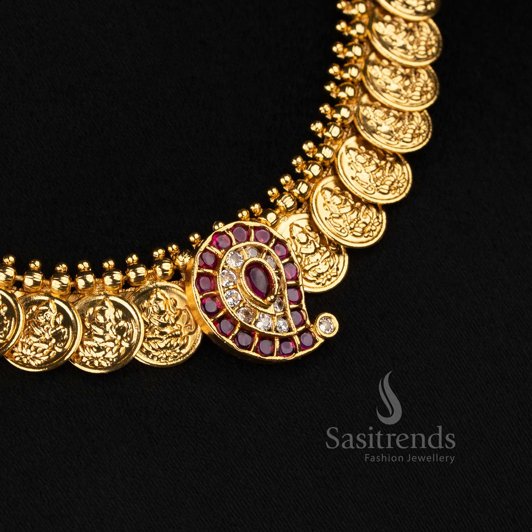 Exquisite ruby white temple matte gold Kemp Lakshmi coin paisley necklace for festive pooja ceremonies - Sasitrends