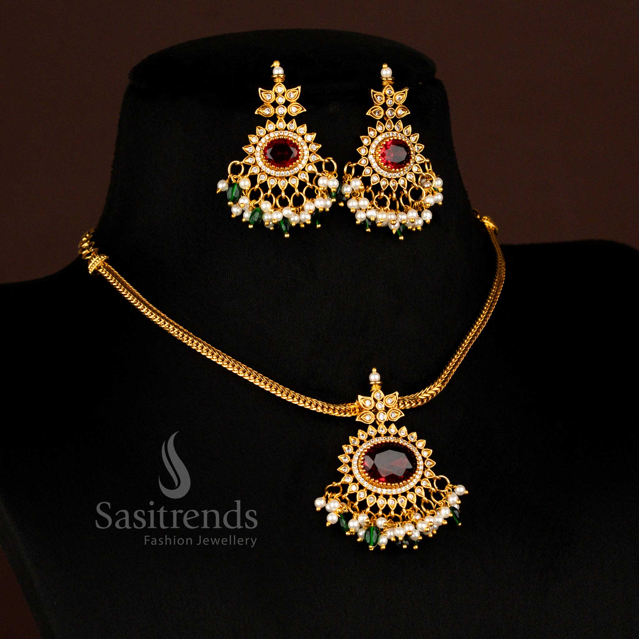 Royal Handcrafted Temple Matte Gold Plated Maroon-Green-Pearl Oval Pendant Necklace Set With Stone Beads Ideal For Festive And Ethnic Look - Sasitrends