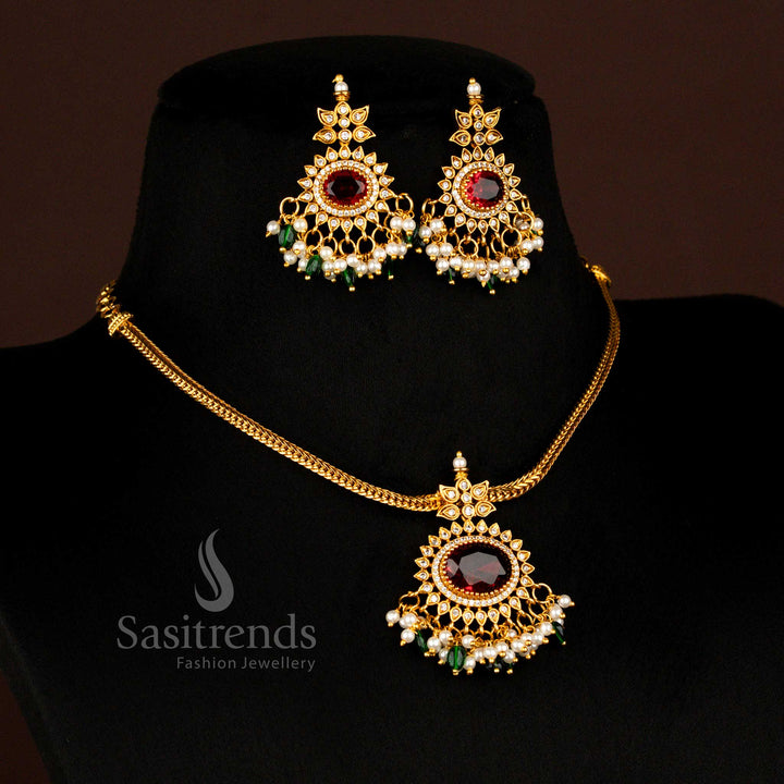 Royal Handcrafted Temple Matte Gold Plated Maroon-Green-Pearl Oval Pendant Necklace Set With Stone Beads Ideal For Festive And Ethnic Look - Sasitrends