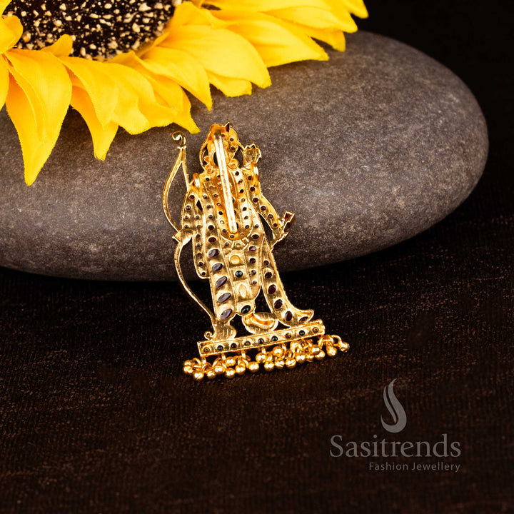 Regal matte gold plated temple Rama pendant featuring bow and arrow design with AD Kemp stones for vibrant multi-colour celebrations - Sasitrends
