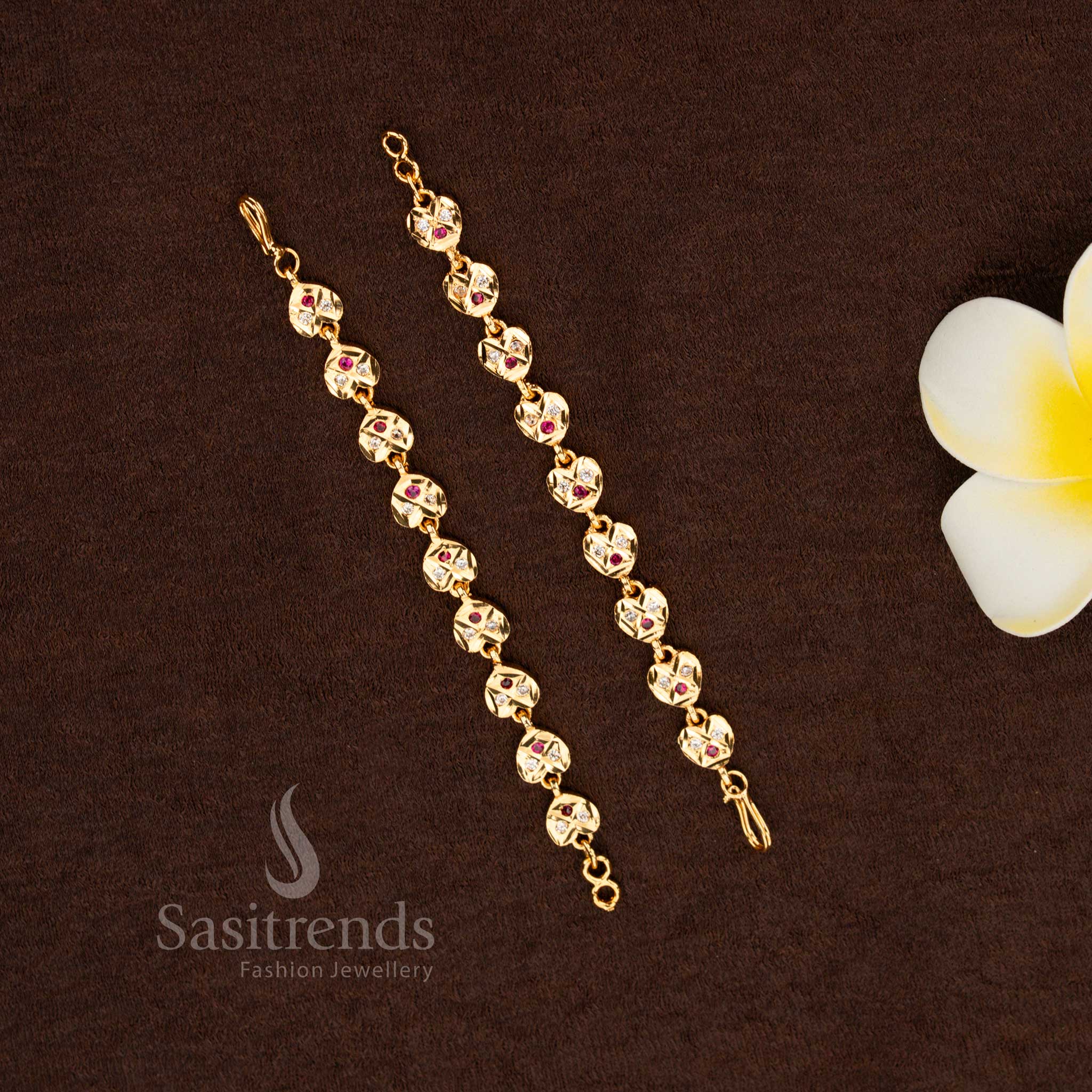 Festive glimmer impon micro gold plated Panchaloga floral matil white-ruby with guaranteed finish perfect for temple ceremonies, weddings, and classical dance hair adornment – Sasitrends