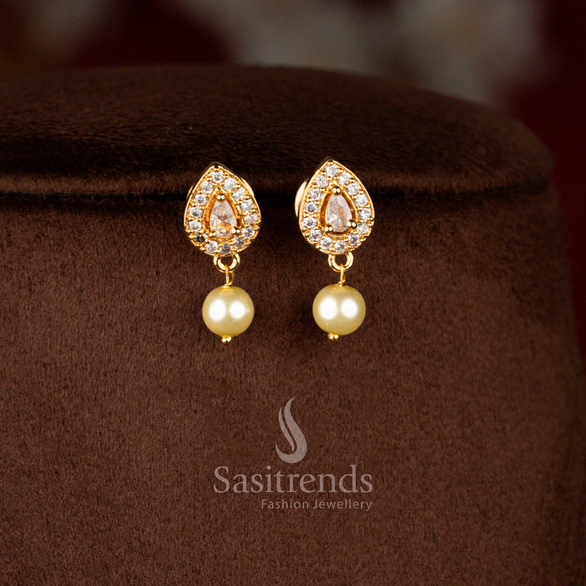 Graceful micro gold plated peacock drop earrings in white with pear stone and pearl accents, complementing necklace – Sasitrends