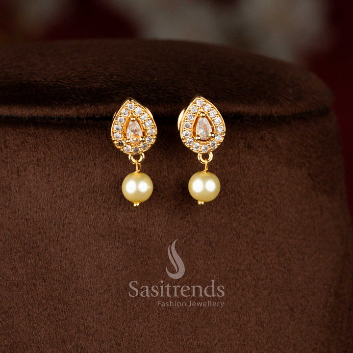Graceful micro gold plated peacock drop earrings in white with pear stone and pearl accents, complementing necklace – Sasitrends
