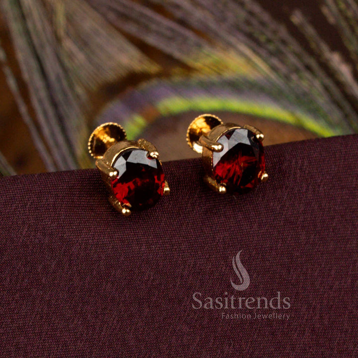 Elegant Oval Red Stone Stud Earrings One Gram Micro Gold Plated Traditional Designer Style – Sasitrends