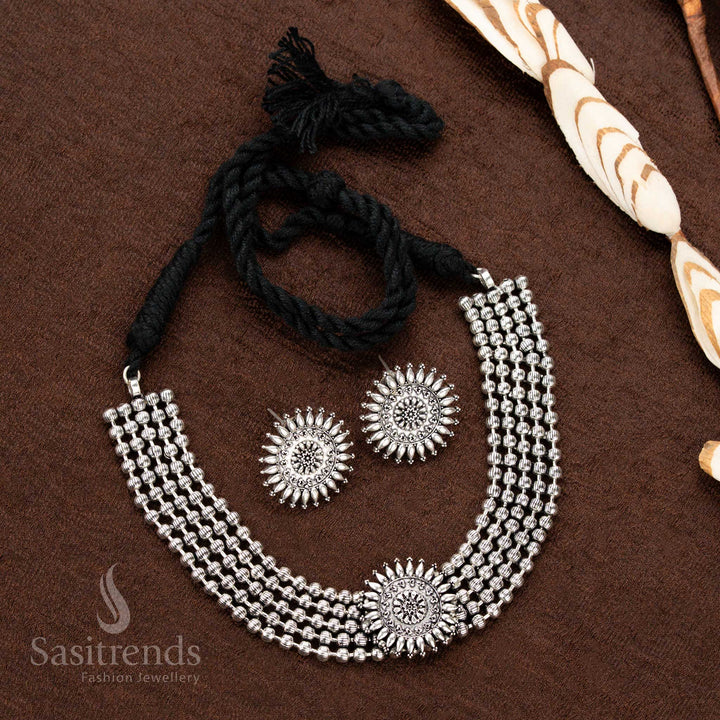 Amazing Traditional Navaratri Special Oxidised Silver Finish Choker Jewellery Set with Sunburst Center Design and Multi-Chain Beaded Necklace - Sasitrends