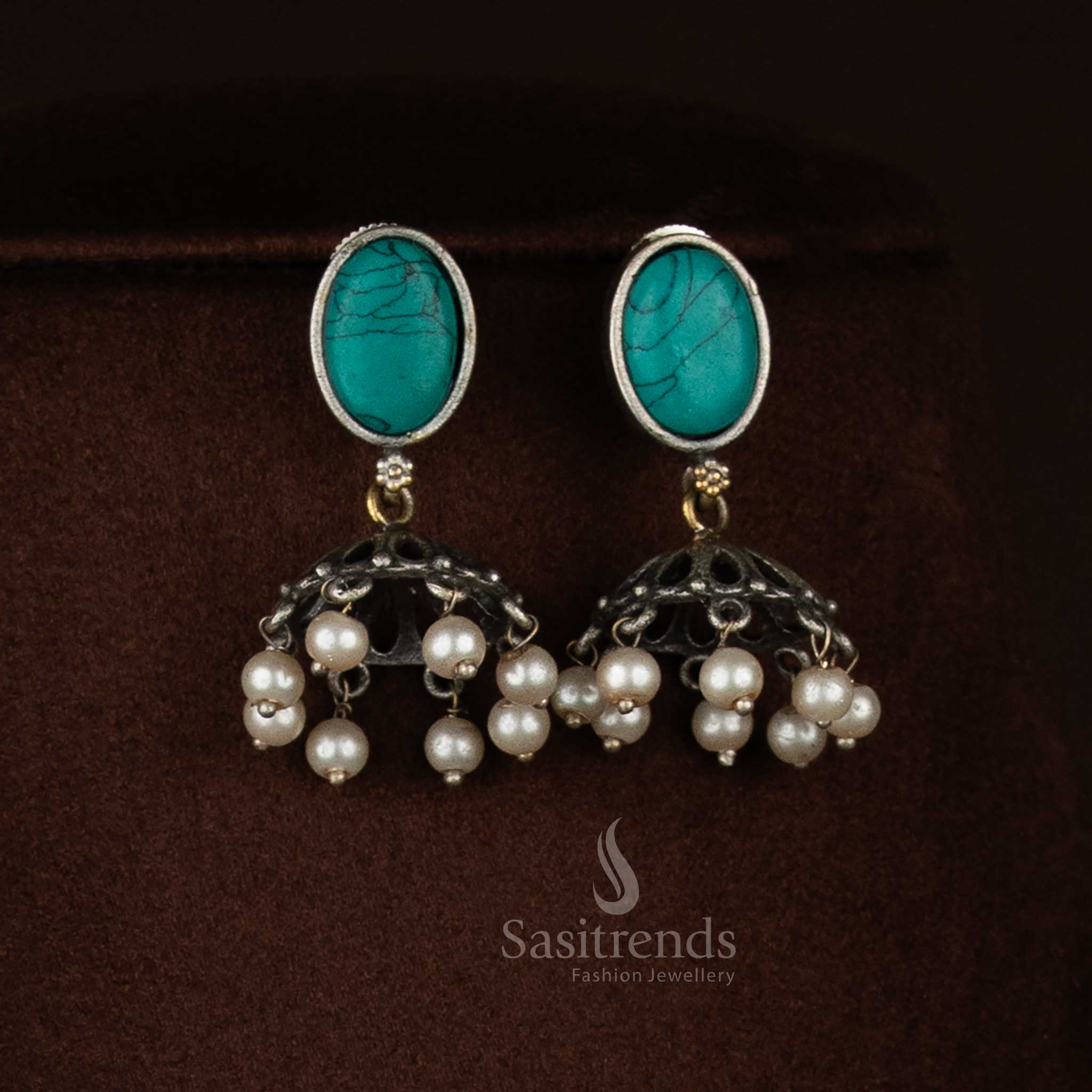 Elegant antique oxidised 92.5 silver plated turquoise blue Monalisa stone elephant motif drop earrings with pearl danglers for ethnic jewellery - Sasitrends