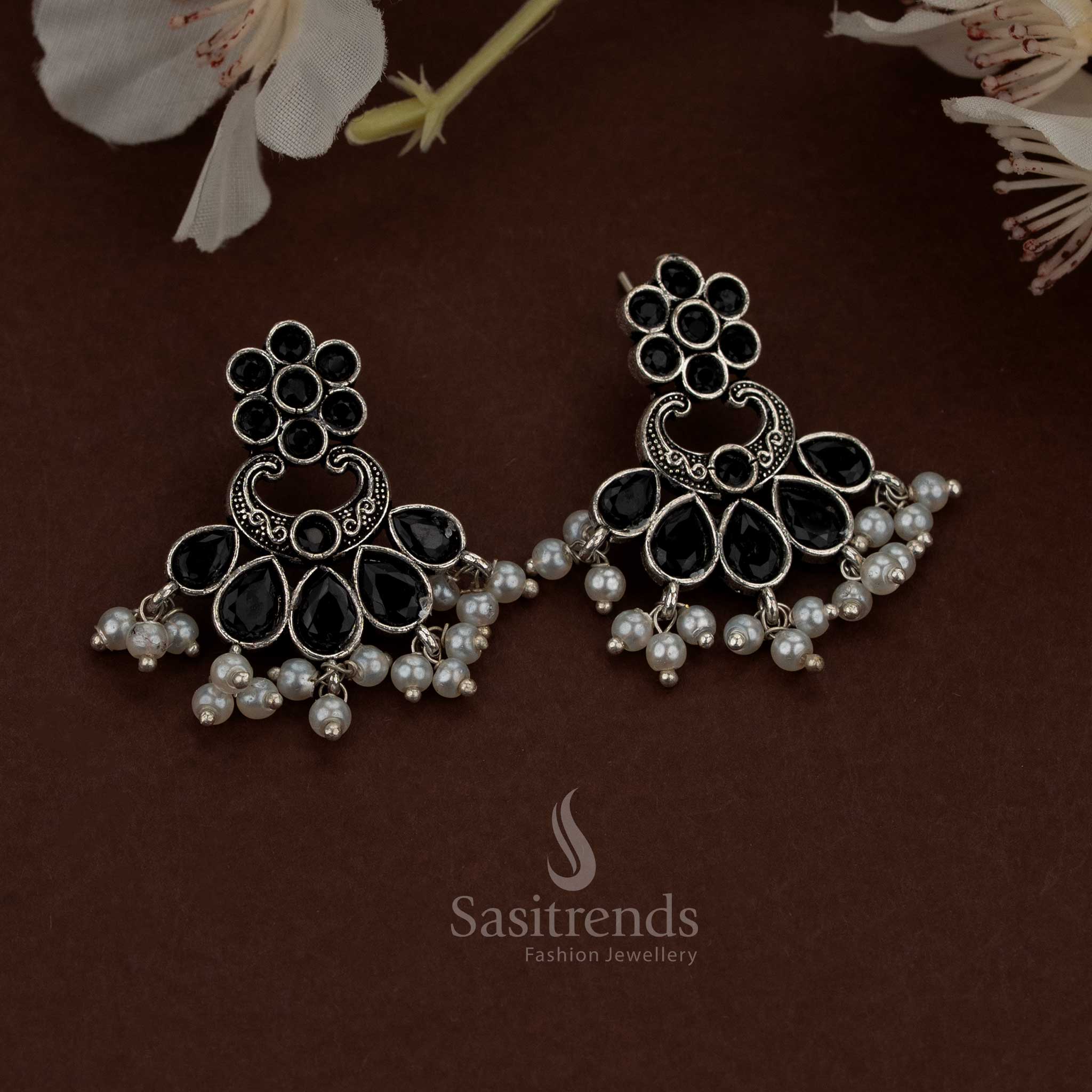 Exquisite Oxidised Black Floral Chandbali Teardrop Stone Earrings with Pearls for Navaratri occasions Sasitrends