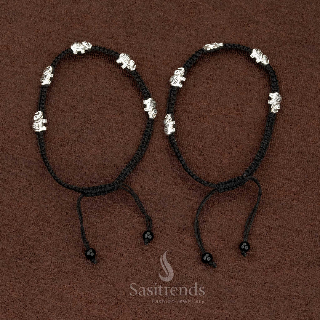 Trendy black thread anklet with elephant charm, adjustable stranded design, perfect for college, travel, or daily casual wear – Sasitrends