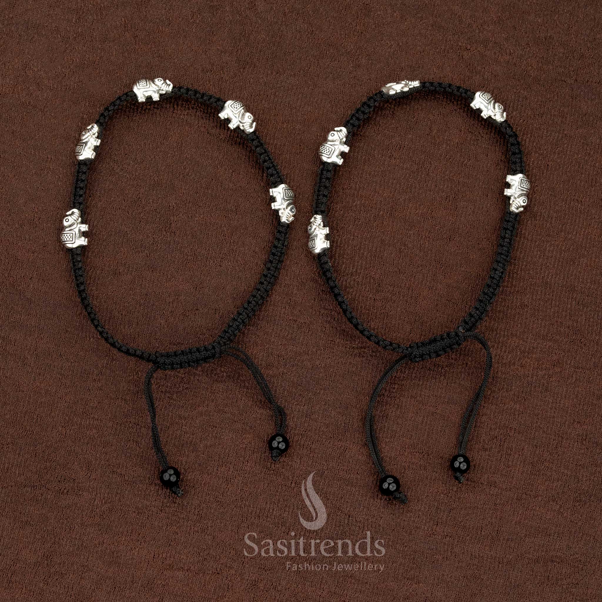 Trendy black thread anklet with elephant charm, adjustable stranded design, perfect for college, travel, or daily casual wear – Sasitrends