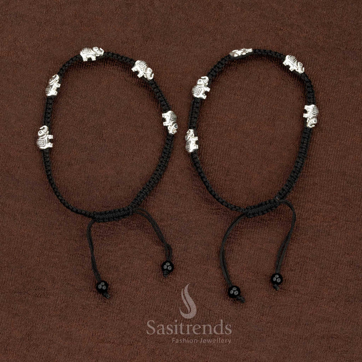 Trendy black thread anklet with elephant charm, adjustable stranded design, perfect for college, travel, or daily casual wear – Sasitrends