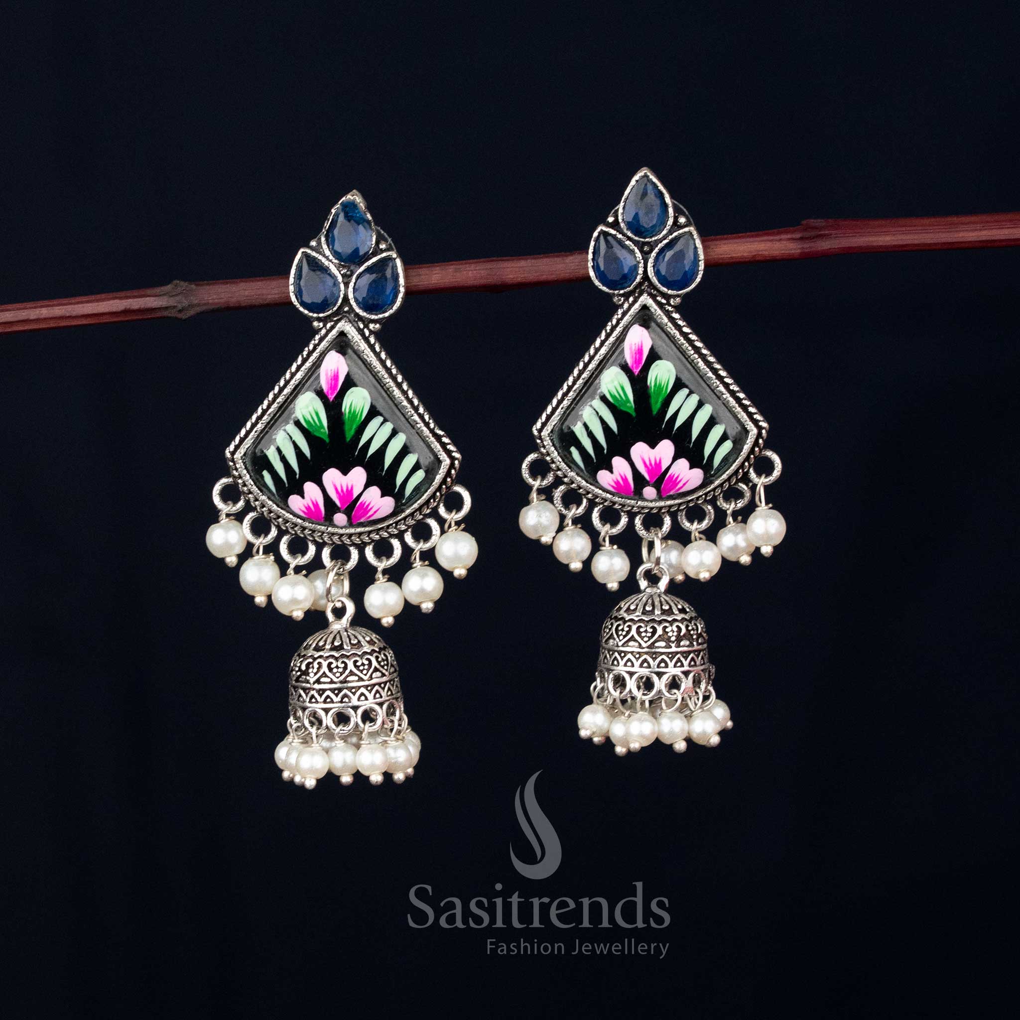 Skywave oxidised blue Monalisa stone triangular jhumka earrings featuring pearl drops for elegant Navaratri celebration styling – Sasitrends