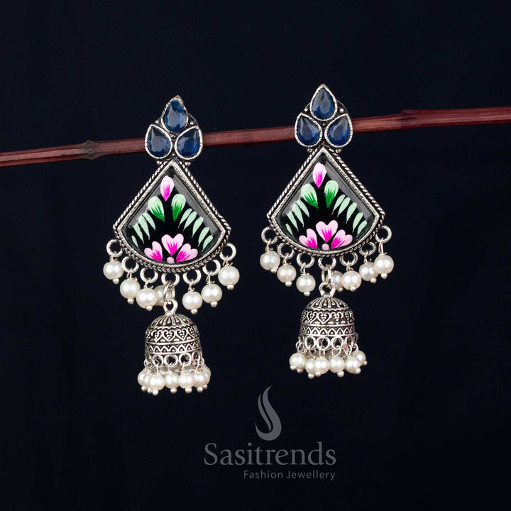 Oxidised Monalisa Stone Triangular Hand-Painted Jhumka Earrings with Pearl Drops for Navaratri Wear