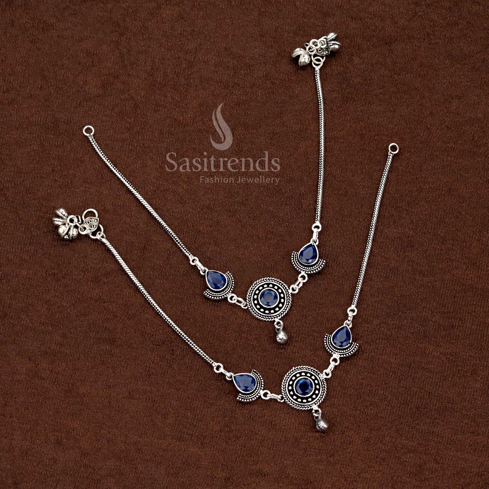 Oxidised circular anklet with blue teardrop Monalisa stones, perfect for fashion-forward, cultural, and stylish party wear – Sasitrends