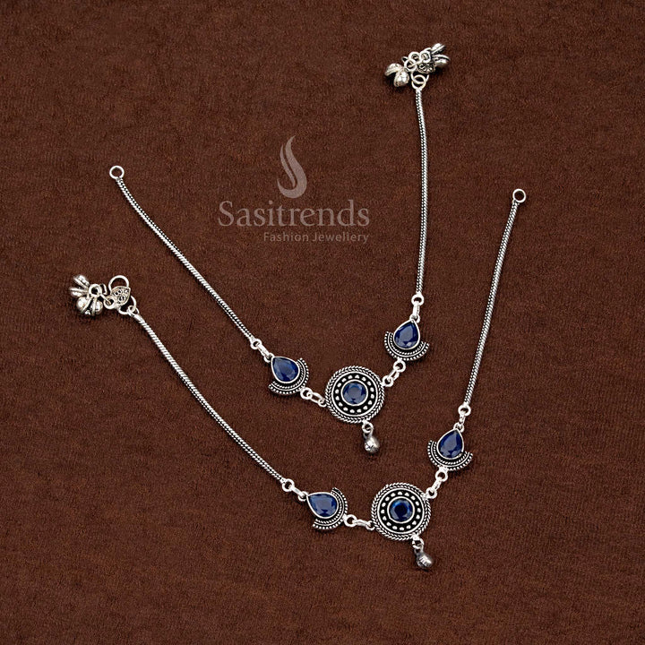 Oxidised circular anklet with blue teardrop Monalisa stones, perfect for fashion-forward, cultural, and stylish party wear – Sasitrends