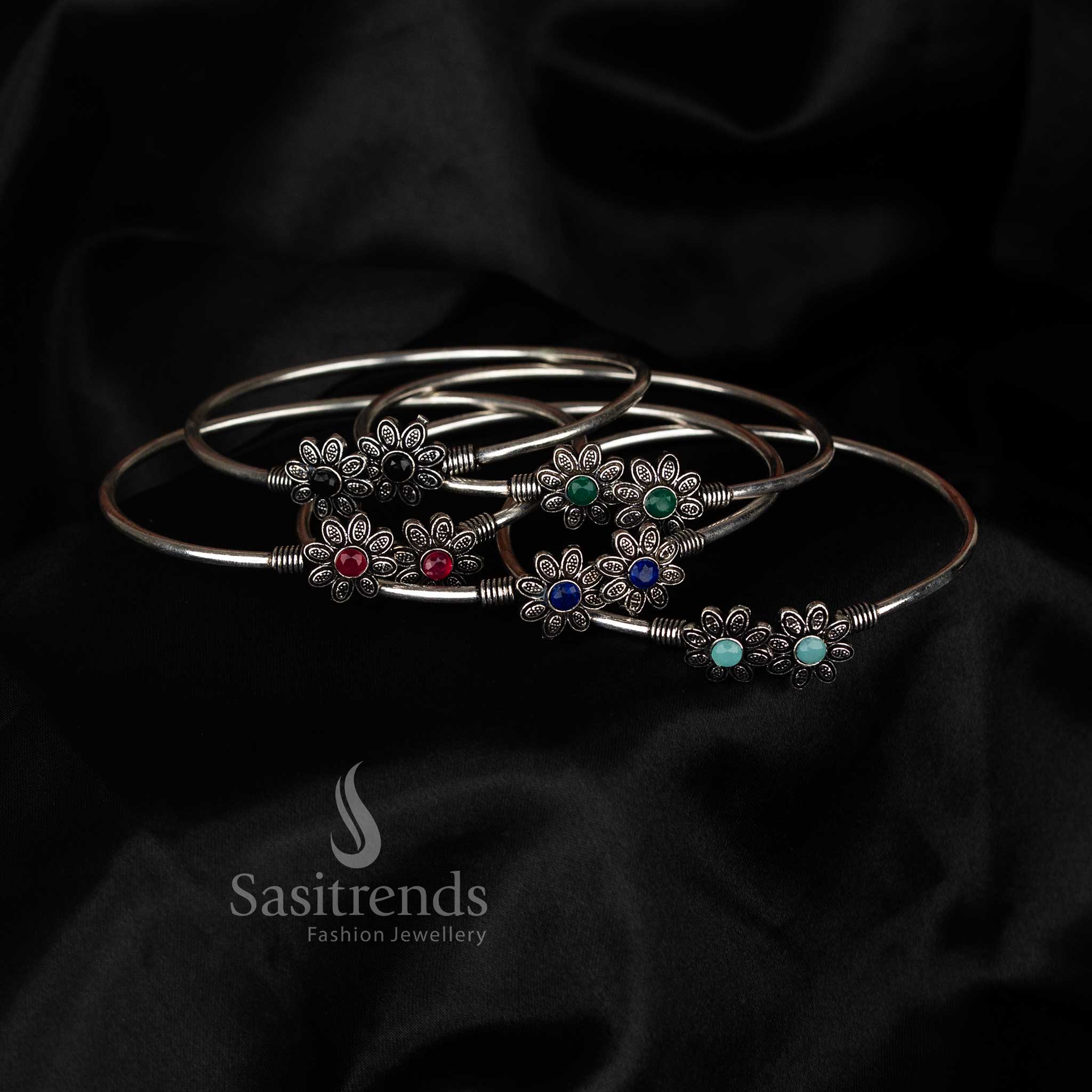 Oxidised dual motif floral stone bracelet for traditional statement women’s hand jewellery styling – Sasitrends