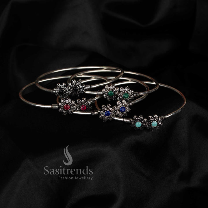 Oxidised Floral Stone Bracelet with Dual Motif Design for stylish casual wear