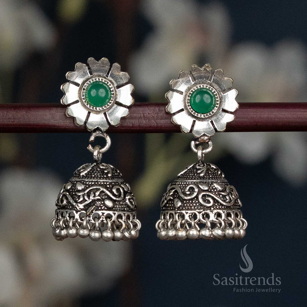 Green Oxidised Floral Stud Jhumka Earrings With Swirl Dome And Ball Fringe, Artistic Ethnic Statement Jewellery Designed For Cultural Celebrations And Special Occasions – Sasitrends