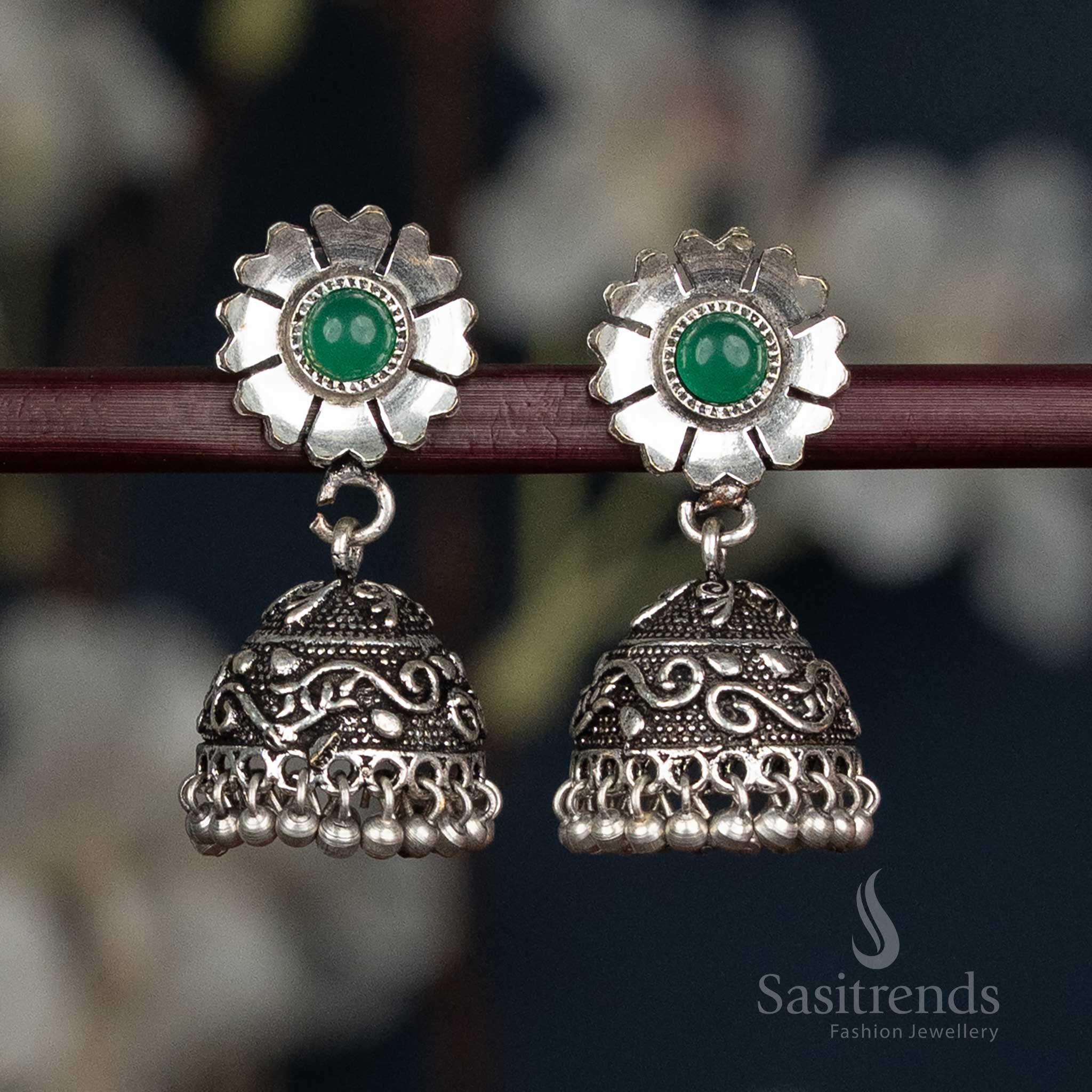 Green Oxidised Floral Stud Jhumka Earrings With Swirl Dome And Ball Fringe, Artistic Ethnic Statement Jewellery Designed For Cultural Celebrations And Special Occasions – Sasitrends