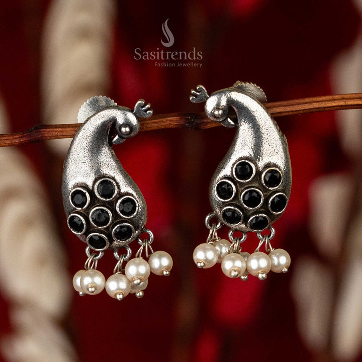 Embellished Peacock Oxidised Earrings with Floral Gem and Pearls - Sasitrends