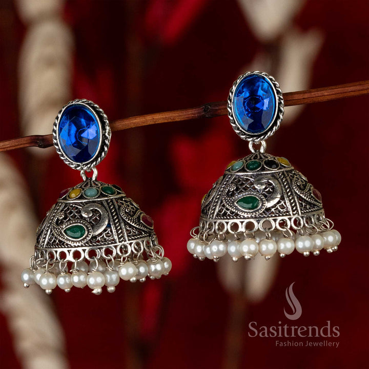 Oxidised German Silver blue Monalisa Stone Jhumka Earrings