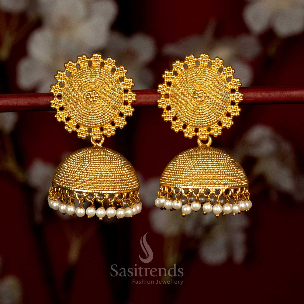 Classic oxidised gold plated small sunburst mandala jhumka earrings featuring refined pearl drops for festive gatherings and easy casual styling - Sasitrends