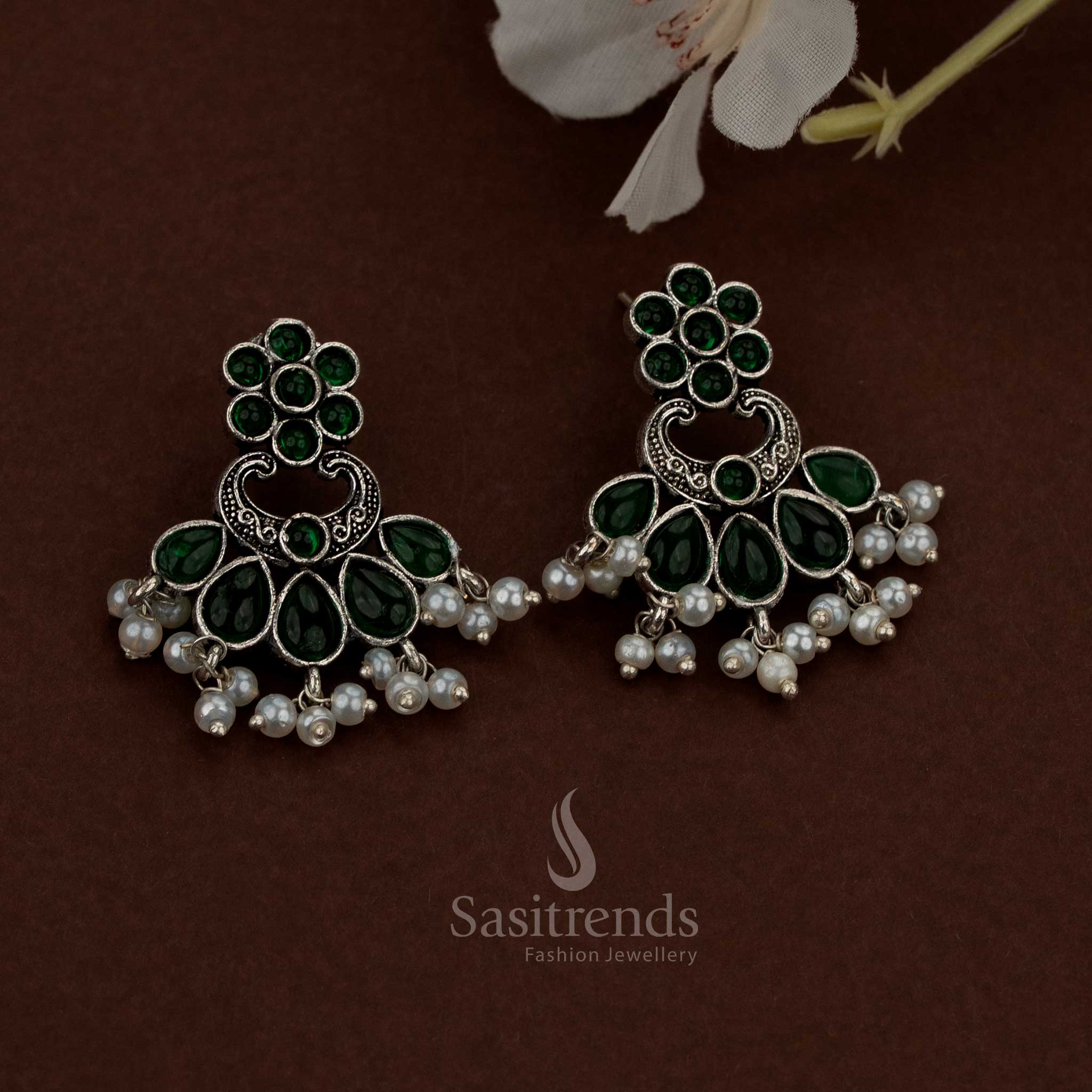 Stunning Oxidised Green Floral Chandbali Teardrop Stone Earrings with Pearls for cultural festivals Sasitrends