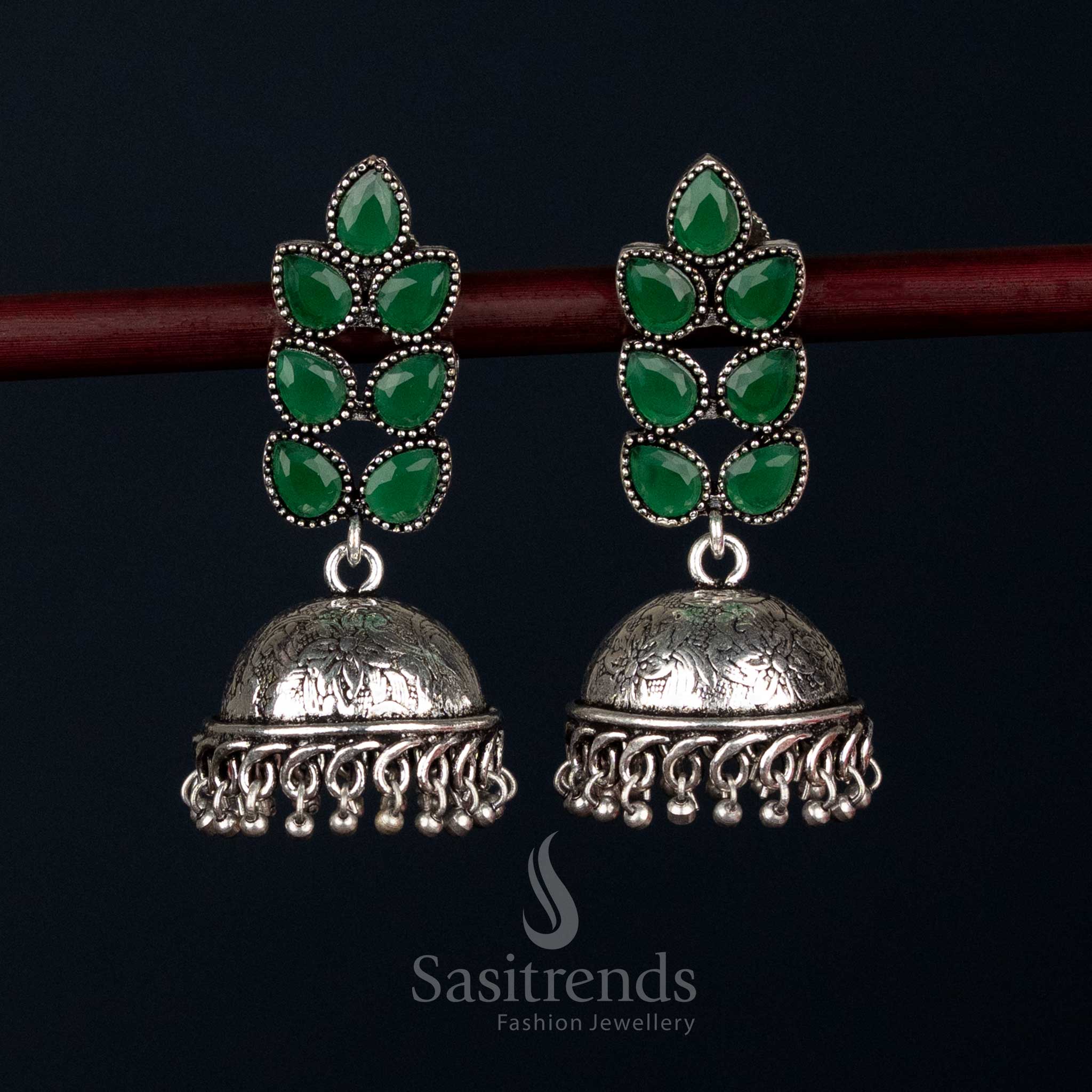 Elegant green oxidised petal cluster stud jhumka earrings with textured dome ideal for traditional occasions - Sasitrends