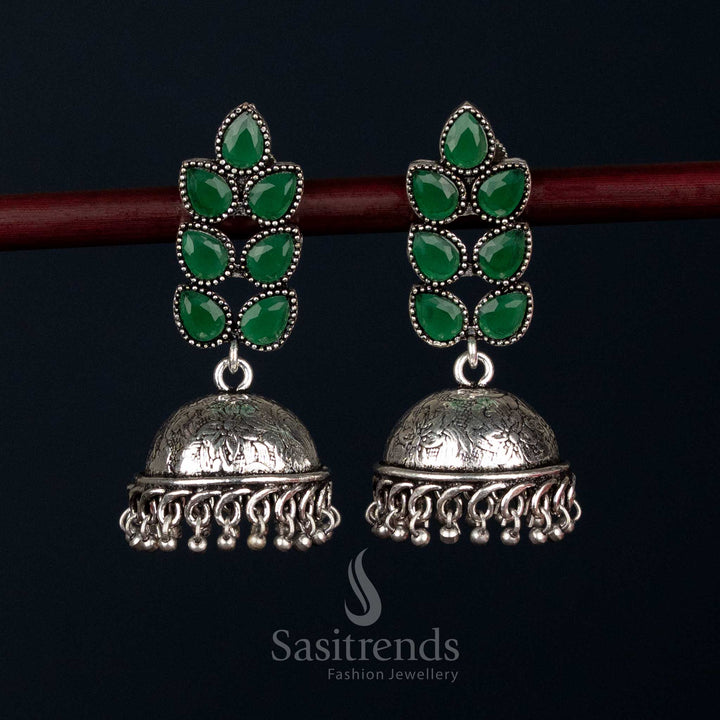 Oxidised Petal Cluster Stud Jhumka Earrings with Textured Dome - Sasitrends