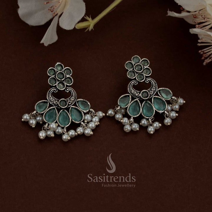Luminous Oxidised Mint Floral Chandbali Teardrop Stone Earrings with Pearls for temple ceremonies Sasitrends