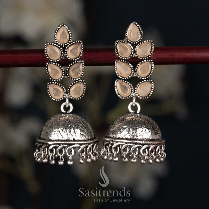 Delicate orange oxidised petal cluster stud jhumka earrings with textured dome for traditional functions - Sasitrends
