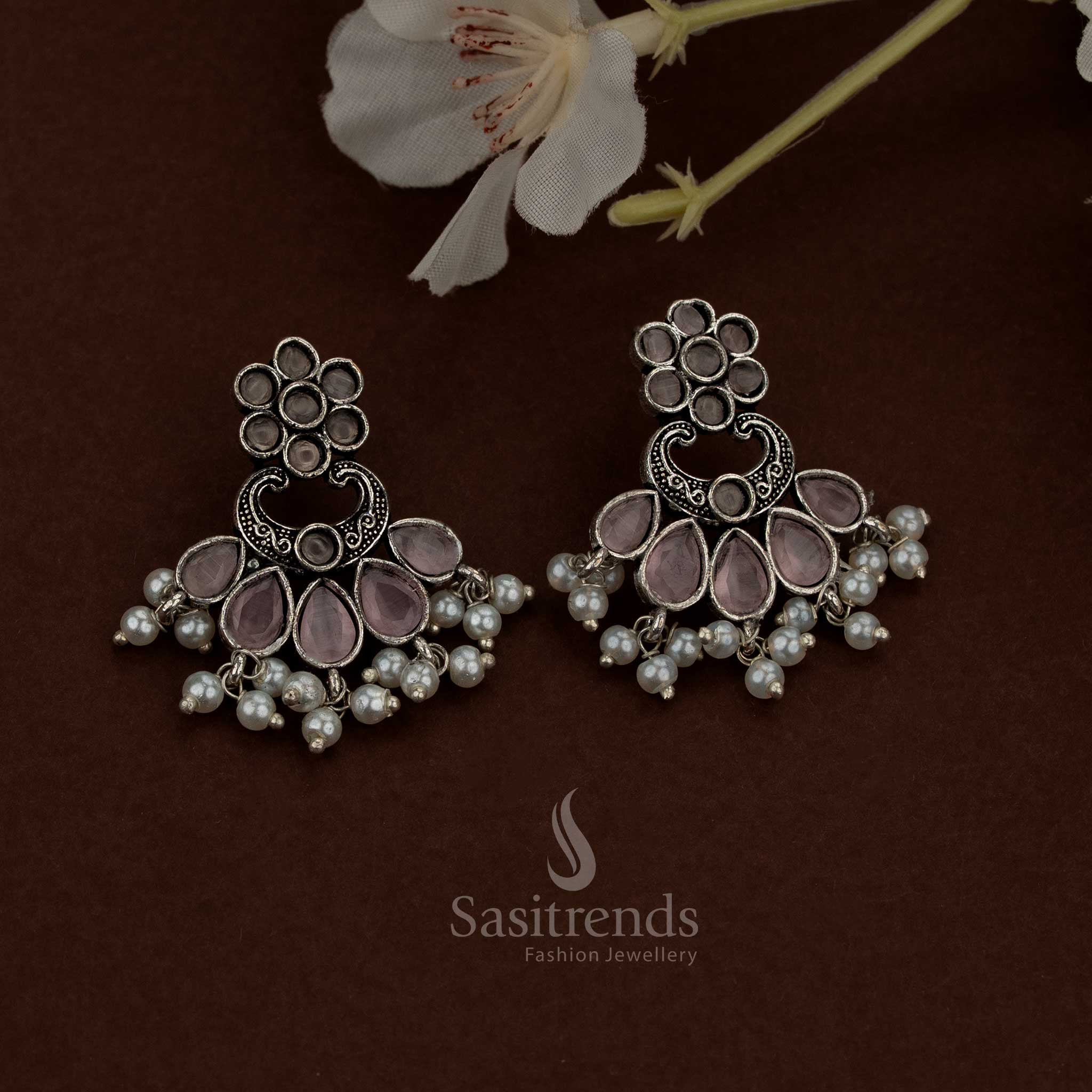 Radiant Oxidised Pink Floral Chandbali Teardrop Stone Earrings with Pearls for festive gatherings Sasitrends