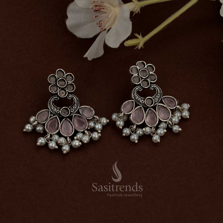 Radiant Oxidised Pink Floral Chandbali Teardrop Stone Earrings with Pearls for festive gatherings Sasitrends
