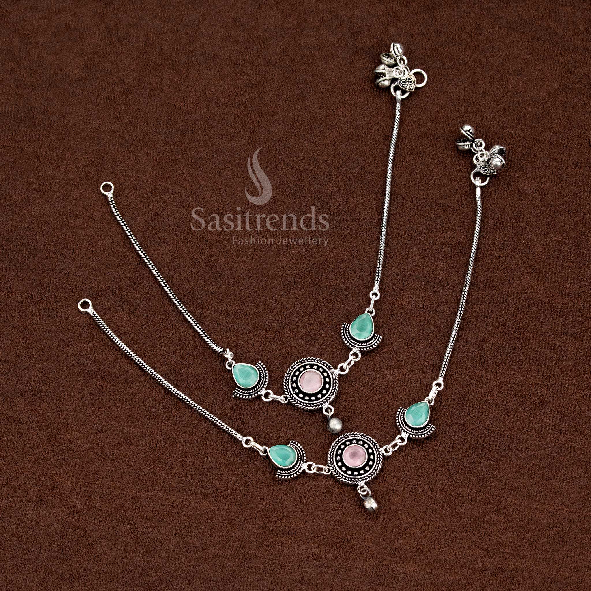Oxidised anklet with pink-mint teardrop Monalisa stones, perfect for casual, fashion, and evening wear styling – Sasitrends