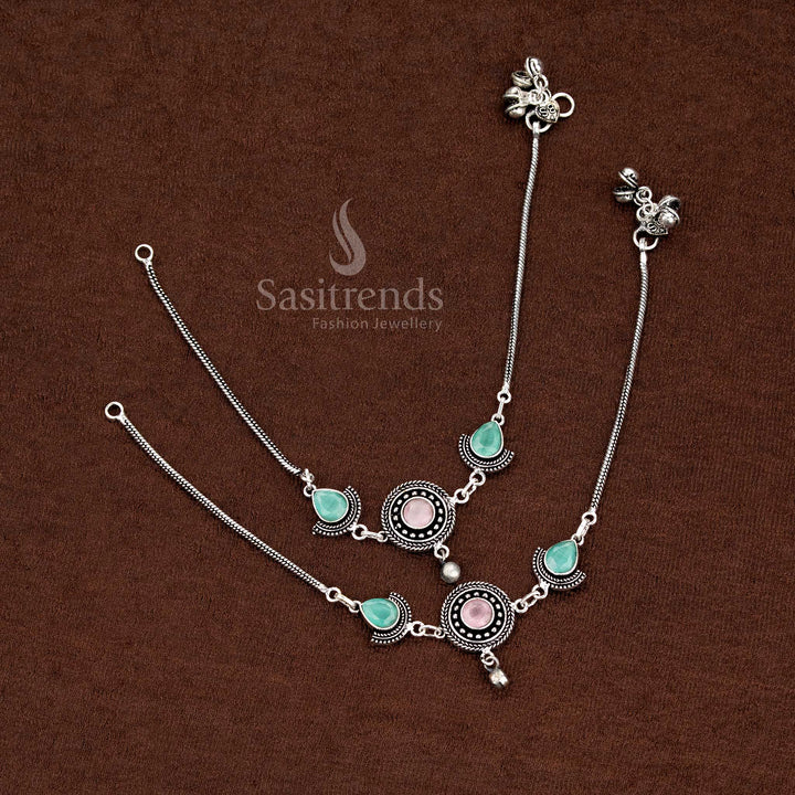 Oxidised anklet with pink-mint teardrop Monalisa stones, perfect for casual, fashion, and evening wear styling – Sasitrends