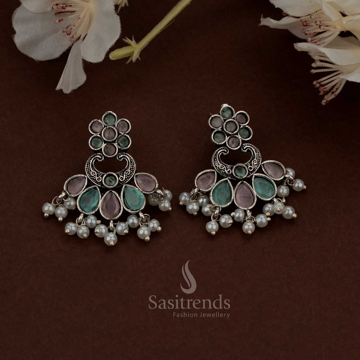 Splendid Oxidised Pink Mint Floral Chandbali Teardrop Stone Earrings with Pearls for traditional cultural events Sasitrends