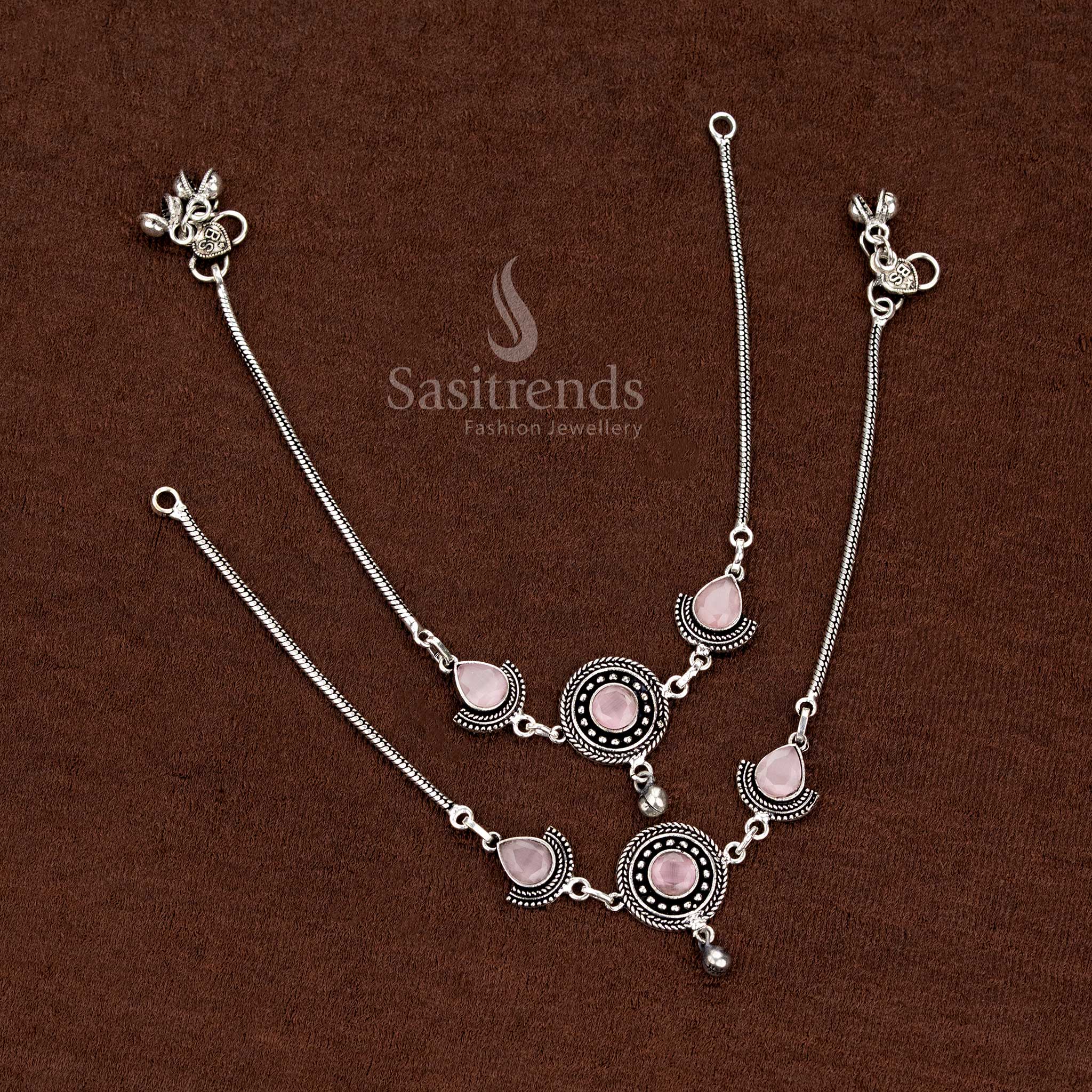 Oxidised anklet with pink teardrop Monalisa stones, circular design suitable for cultural gatherings and evening styling – Sasitrends