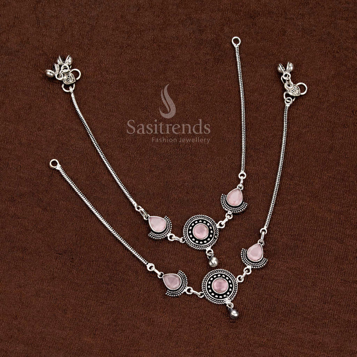 Oxidised anklet with pink teardrop Monalisa stones, circular design suitable for cultural gatherings and evening styling – Sasitrends