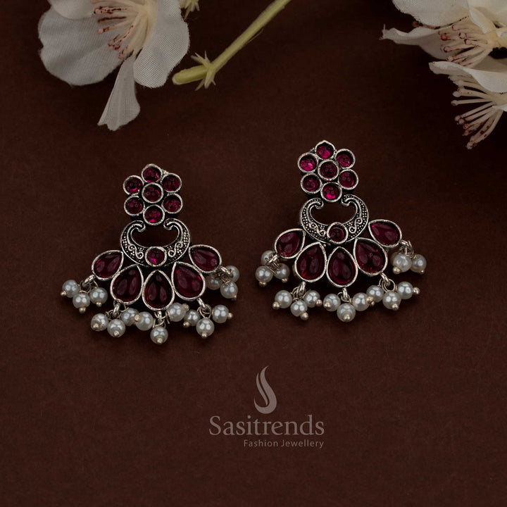 Gorgeous Oxidised Ruby Floral Chandbali Teardrop Stone Earrings with Pearls for festive evenings Sasitrends