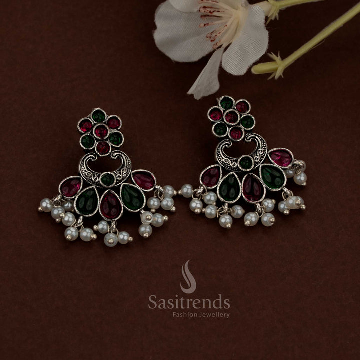 Majestic Oxidised Ruby Green Floral Chandbali Teardrop Stone Earrings with Pearls for traditional functions Sasitrends